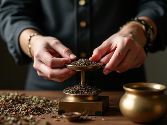Szakértő teakeverő dolgozik gyógynövényekkel és tealevelekkel