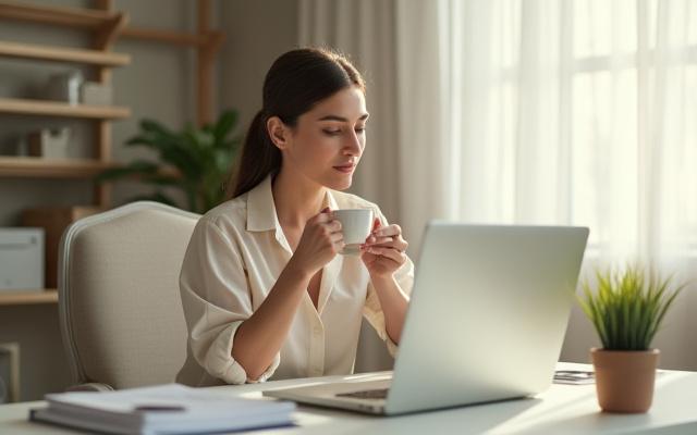 Egy dolgozó nyugodtan iszik teát elegáns irodai környezetben, laptop előtt, napfénnyel megvilágítva