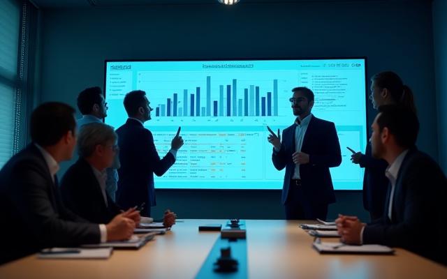 Üzleti elemzők digitális grafikonokat és adatokat elemeznek egy projektor előtt modern konferenciateremben