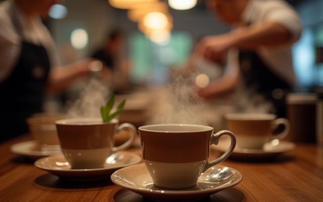 Gőzölgő teáscsészék egy stílusos kávézóasztalon, háttérben baristák tea felszolgálás közben