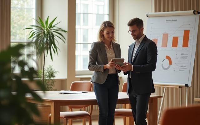 Két üzletember stratégiai tervezést vitat meg egy modern irodában, előttük táblagépek és diagramok