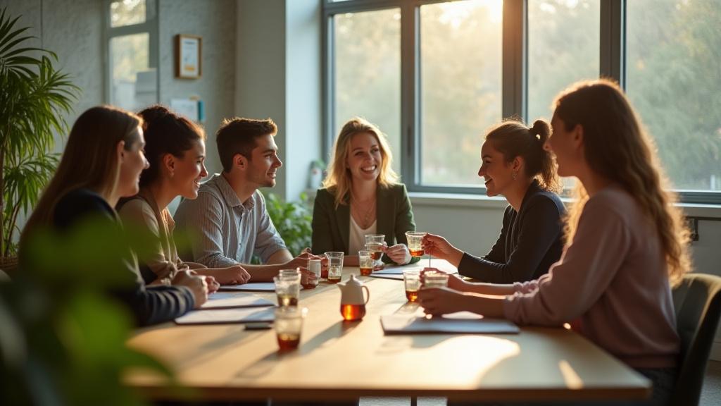 Team of professionals enjoying a tea break in a modern, elegant office environment, fostering collaboration and focus.