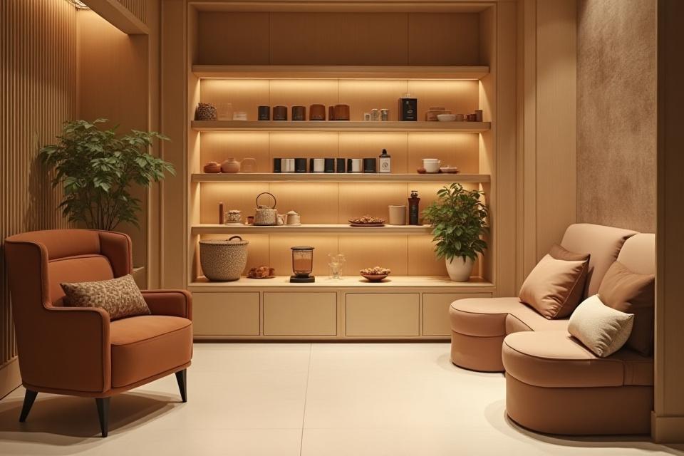 An inviting and modern office tea corner with various tea selections, elegant mugs, and comfortable seating, promoting employee well-being.