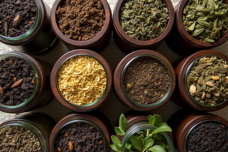 A diverse selection of premium tea leaves, each in its distinct container, showcasing options for energy, focus, and relaxation.