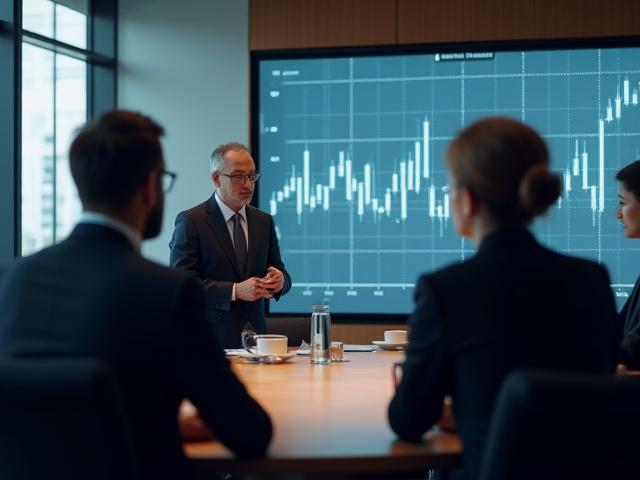 Üzleti tanácsadók tárgyalóteremben stratégiai terveken dolgoznak