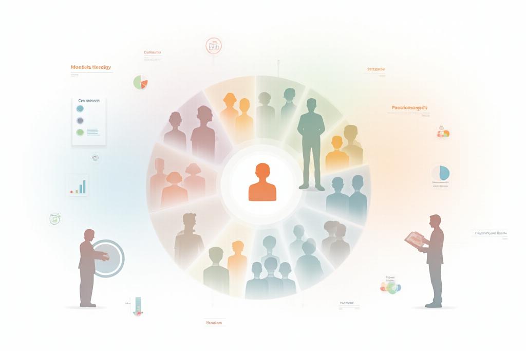 Emberi csoportok vizuális szegmentálása, különböző ikonokkal és profilokkal, jelezve a célközönség elemzését.