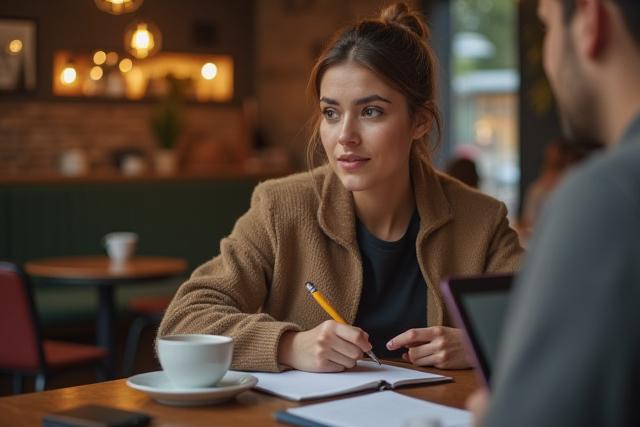Fiatal nő interjút készít egy kávézóban, jegyzetel, reprezentálva az elsődleges kutatást.