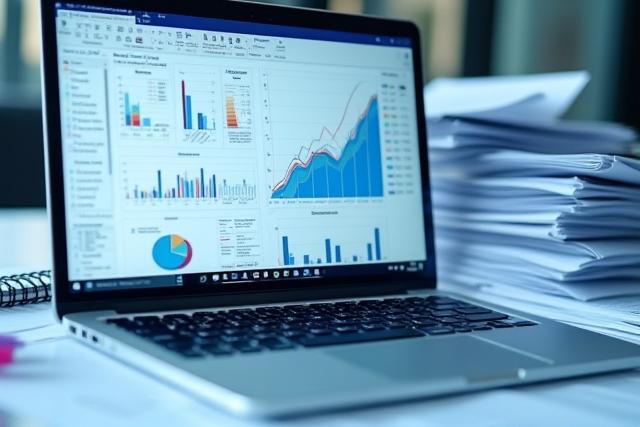 Nyitott laptop képernyőjén grafikonok és táblázatok, háttérben nyomtatott jelentések, jelezve a másodlagos adatelemzést.