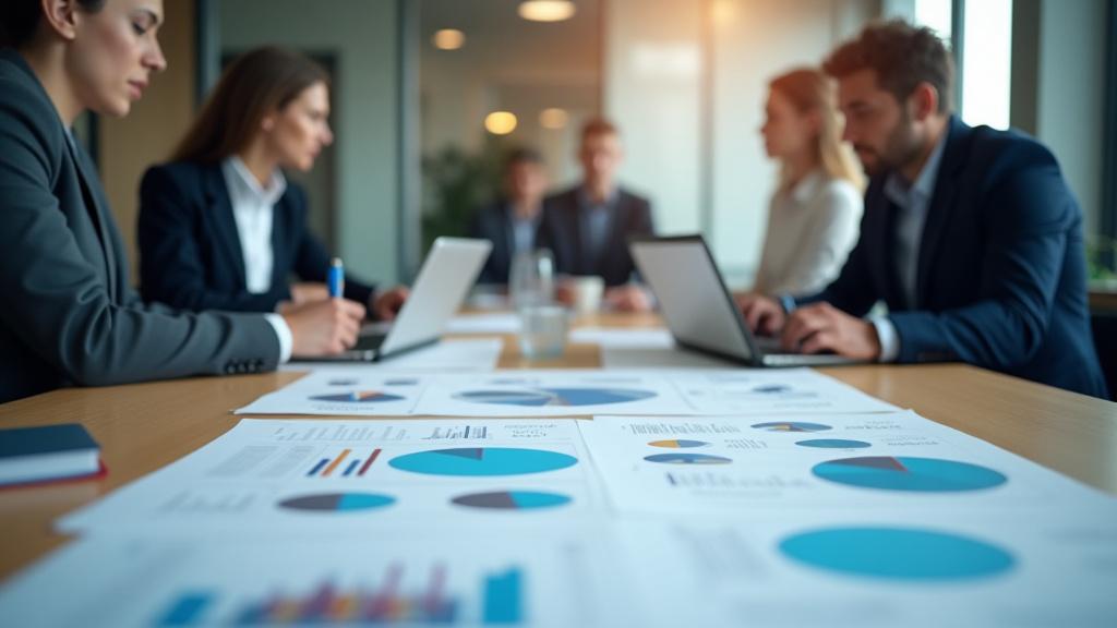 Grafikonok és adatok egy értekezletasztalon, háttérben homályos csapat munka közben, utalva a piackutatásra.