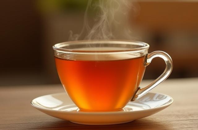 Aranybarna fekete tea egy elegáns csészében, gőzzel, nyugodt környezetben