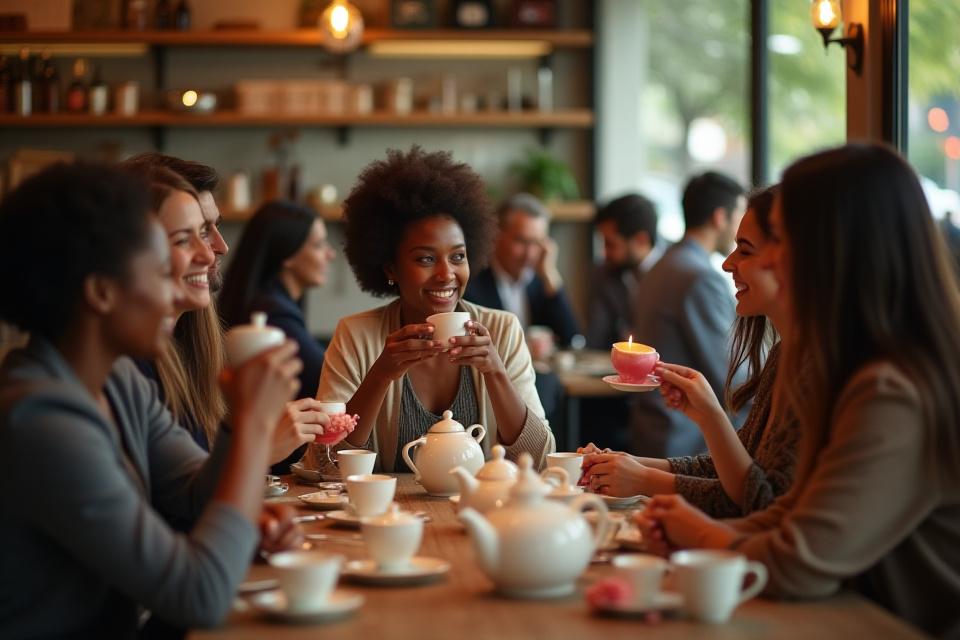 Változatos embercsoport kávézóban, teákat és kávékat fogyasztva egy elegáns környezetben