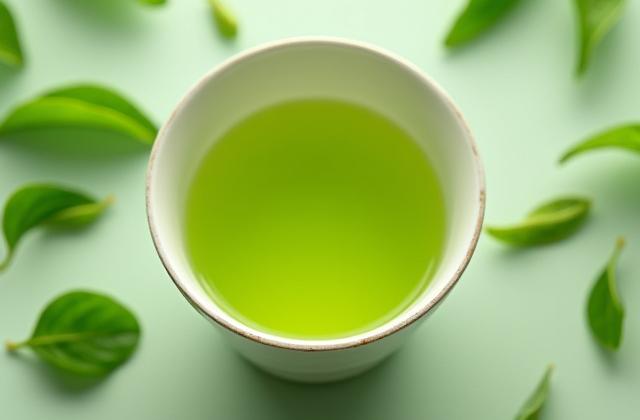 Zöld tea egy japán stílusú csészében, frissítő környezetben, zöld tea levelekkel a háttérben