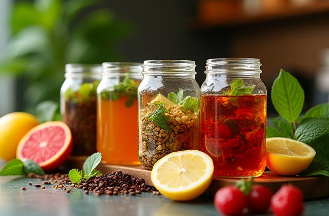 Változatos gyógyteák és gyümölcsteák színes keveréke egy modern kávézó pultján, friss gyümölcsökkel díszítve