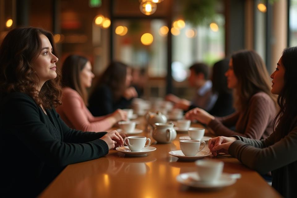 Kávézó enteriőr, ahol az emberek élvezik a teát egy elegáns csészében