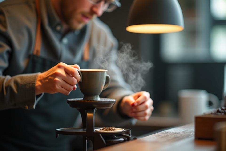 Profi barista készít teát egy modern teafőzővel, precíz mozdulatokkal