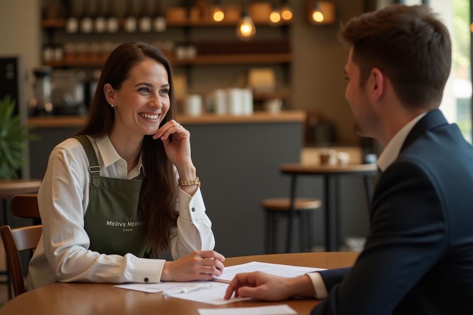 Kávézó tulajdonos beszél egy elegáns teaszállítóval egy kellemes találkozón