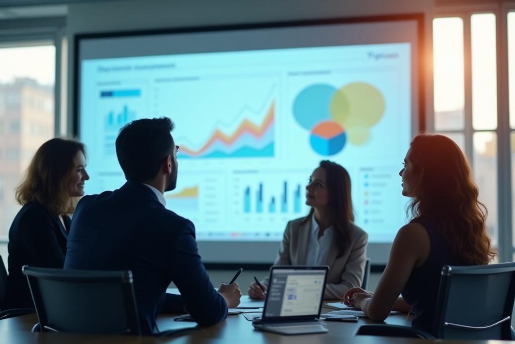 Üzleti csapat stratégiai ábrát vizsgál egy modern tárgyalóban