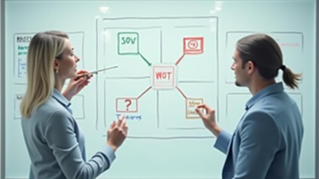 Üzleti elemzők SWOT analízist végeznek táblán, jegyzetekkel és adatokkal