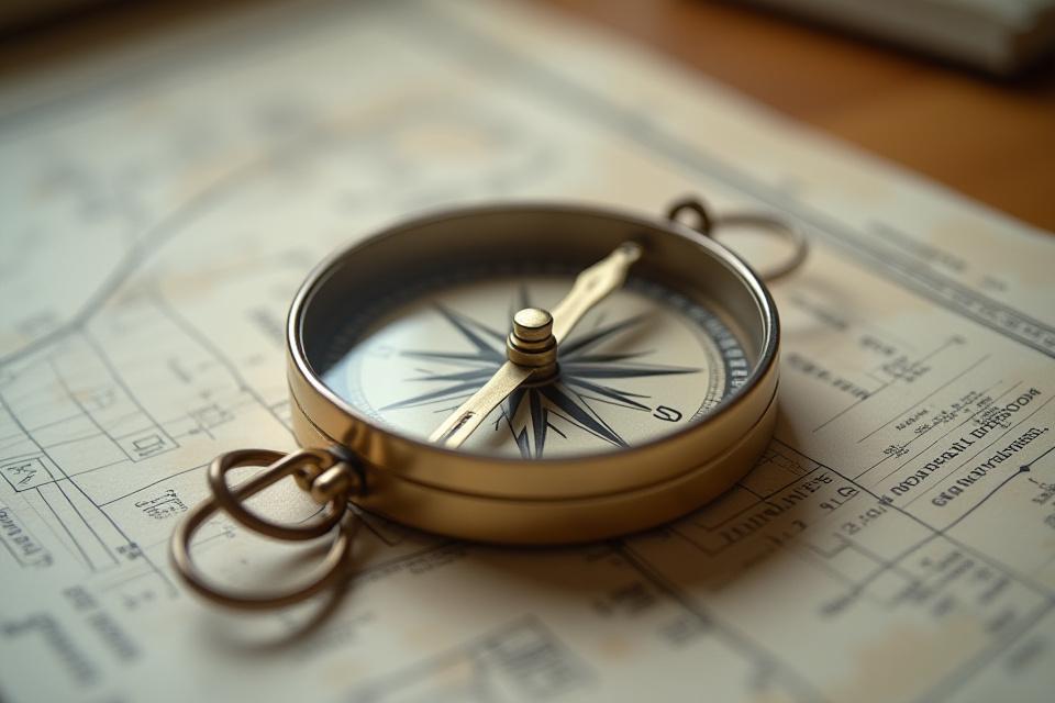 Analóg iránytű üzleti dokumentumokon, a fókusz a jövőre