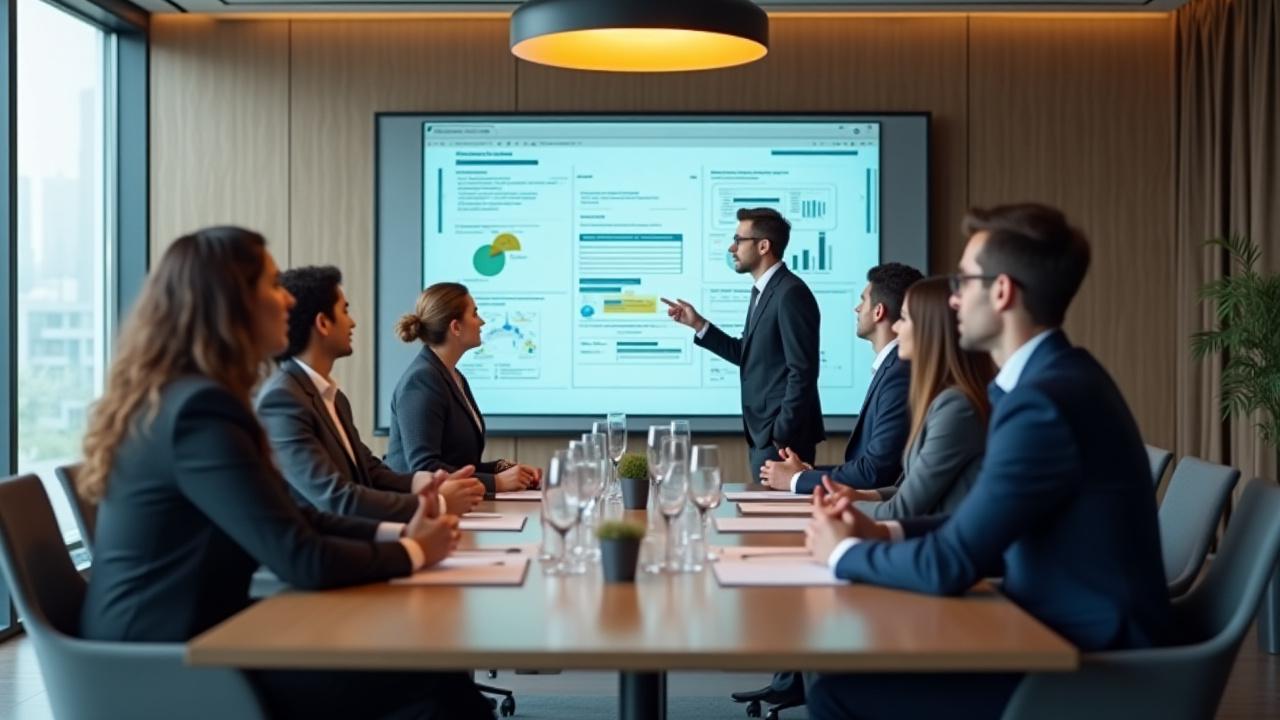 Üzleti tanácsadók tárgyalóteremben, stratégiai terveket elemezve