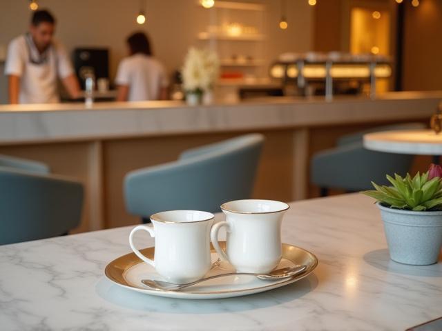 Modern tea bár belső tér elegánsan felszolgált teáscsészékkel