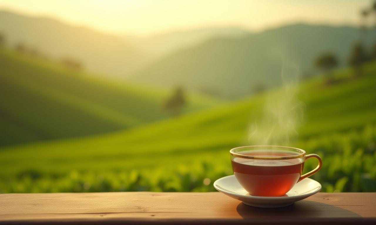 Gőzölgő teáscsésze, háttérben elmosódott teakert